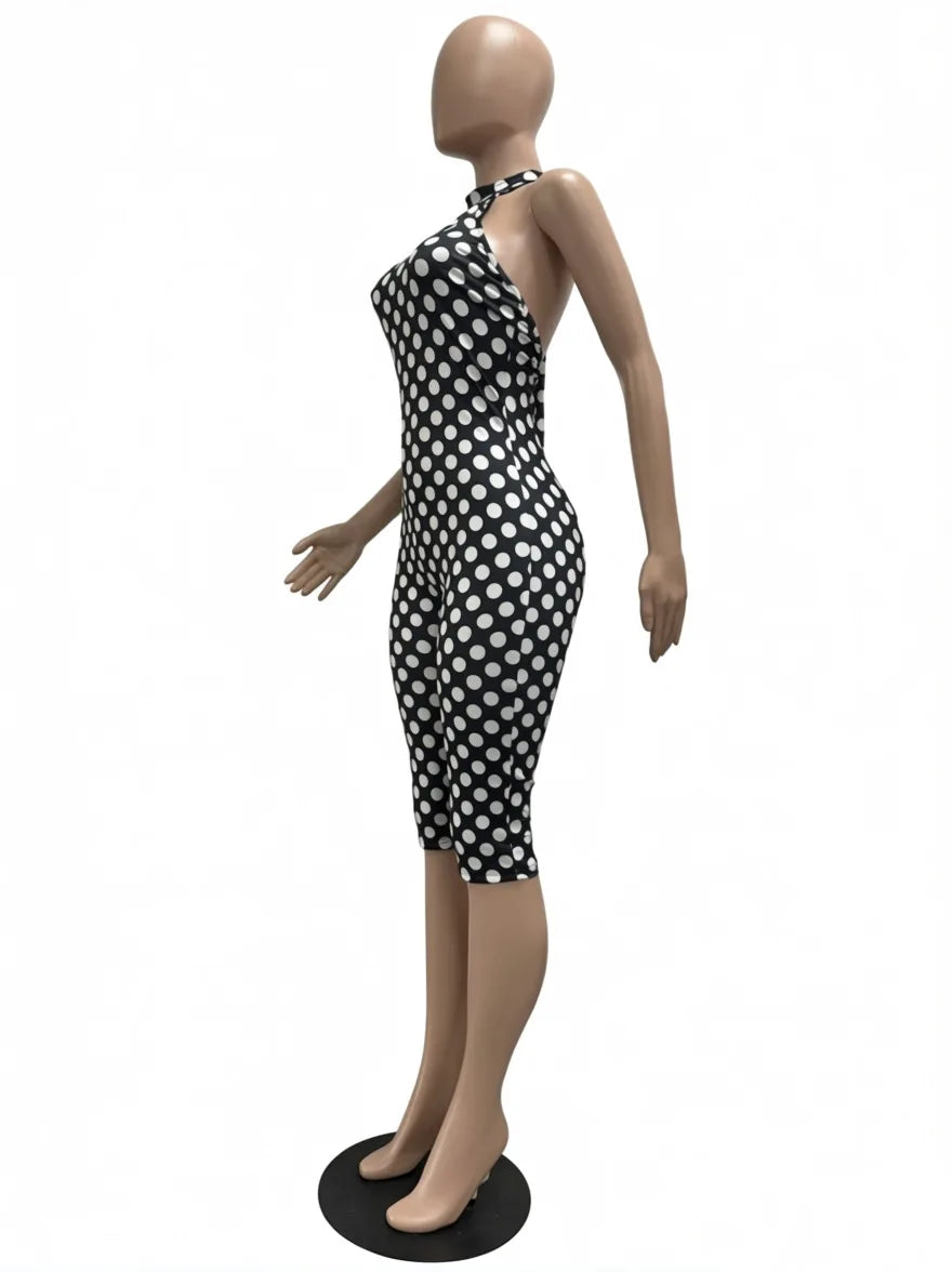European and American New Style Women's Clothing Spring and Summer Polka Dot Print Elastic Halter Neck Backless Slim Fit Jumpsuit Women's Jumpsuit