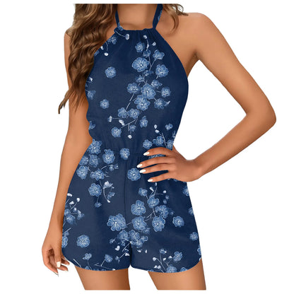 Women's Romper Boho Floral Print Halter Tie Straps Backless Overalls Shorts S-5XL Summer Casual Vacation Beach Jumpsuits