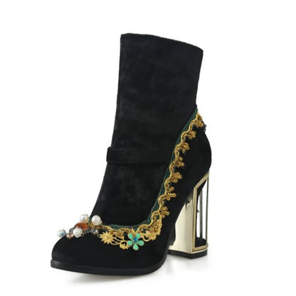 Royal Gemstone Jeweled Flower Velvet Ankle Boots Floral Crystal Cage Fretwork High Heels Blue Red Black Woman Bridal Booties