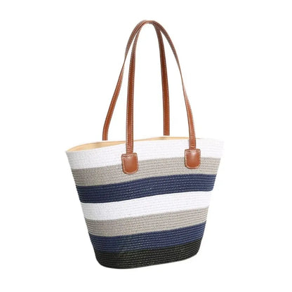 Fashion Straw Tote Bag Stripe Large Capacity Woven Shoulder Bag Square Zipper Woven Hat Vacation Top-Handle Bags