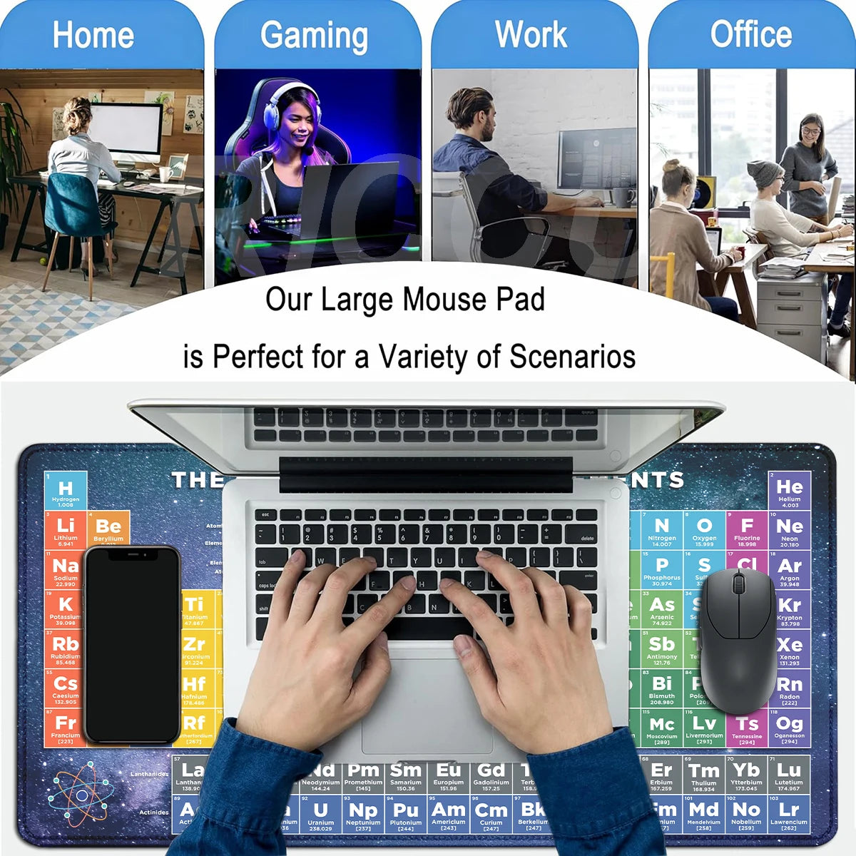Periodic Table of Elements Mouse Pad Large Gaming Keyboard Mousepad with Stitched Edge Non-Slip Rubber Base Office PC Desk Mat