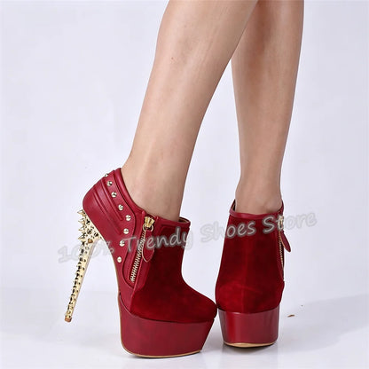 Gold Spikes Rivet Stiletto High Heel Ankle Boots Women Platform Faux Suede Patchwork Side Zipper Short Boots Plus Size 34-46