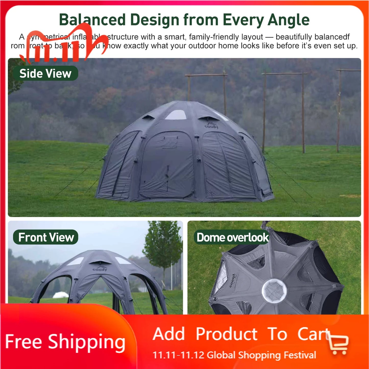 Gray Coody Dome Air Tent Stylish Spacious Inflatable Geodesic Shelter For Outdoor Family Glamping Trips