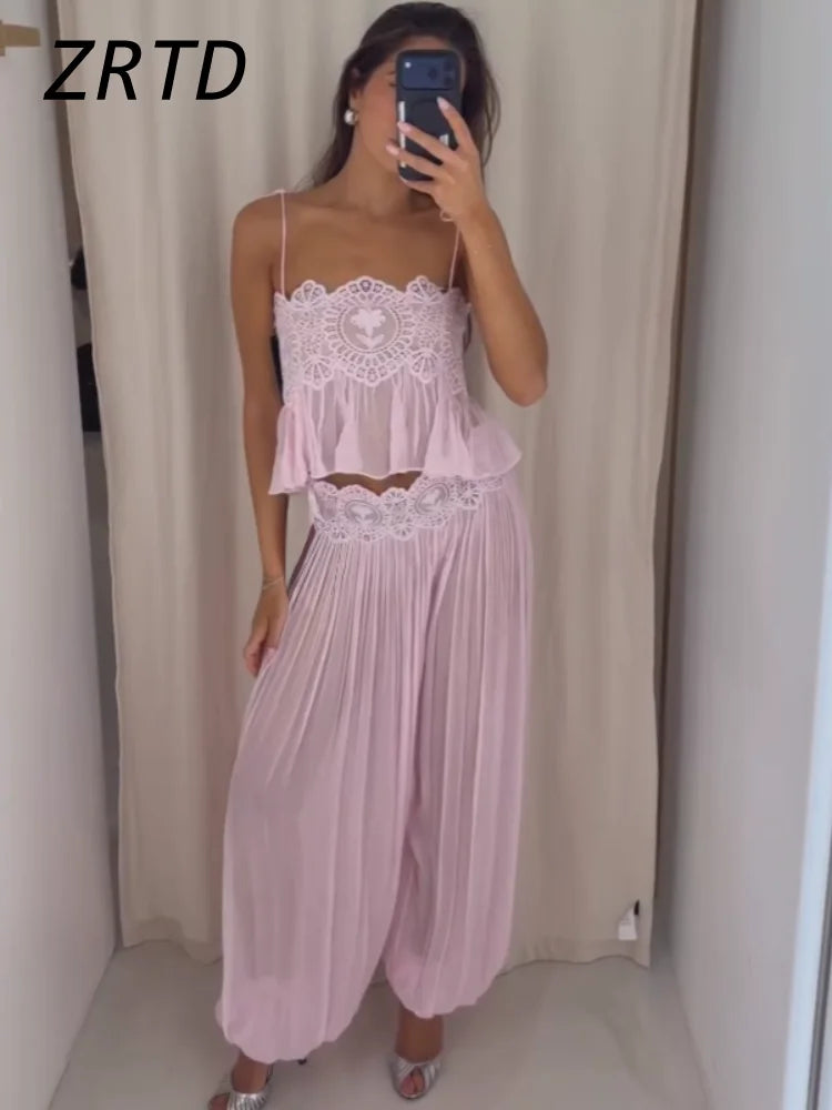 Beach Lace Hollow Out Women's Summer Pants Sets Lace Up Backless Spaghetti Strap Crop Top Loose Pleated Lantern Pant 2026 Suit
