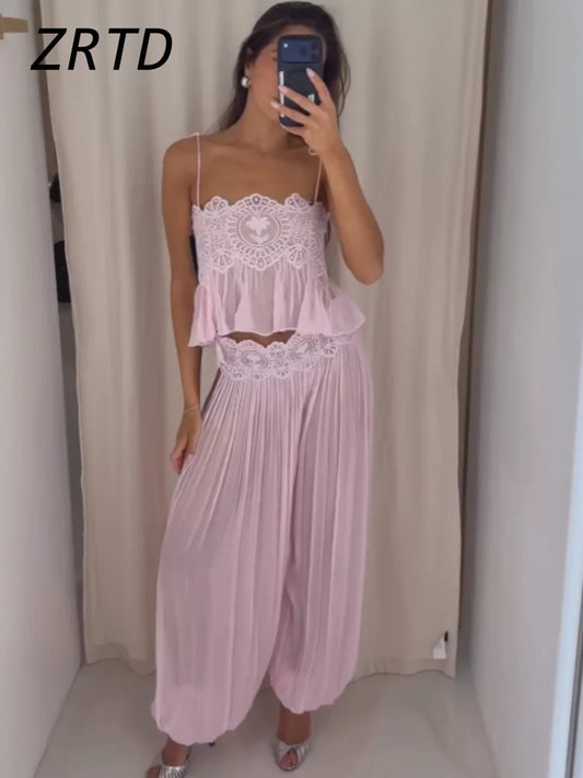 Beach Lace Hollow Out Women's Summer Pants Sets Lace Up Backless Spaghetti Strap Crop Top Loose Pleated Lantern Pant 2026 Suit