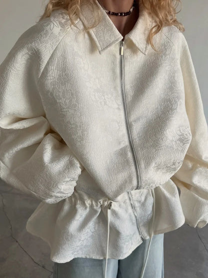 Luxury Apricot Texture Jacket Turn-down Collar Zipper Drawstring Waist Slim Lantern Sleeves Outerwear 2026 Fall Chic Lady Coat