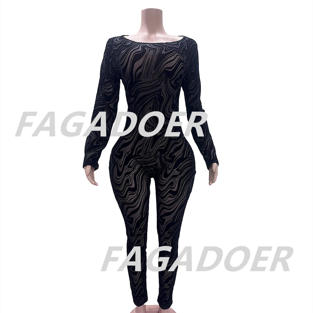 FAGADOER Spring New Sexy Jumpsuit Women Black Printing Mesh Backless Bodycon Rompers Fashion Female Streetwear Overalls 2025