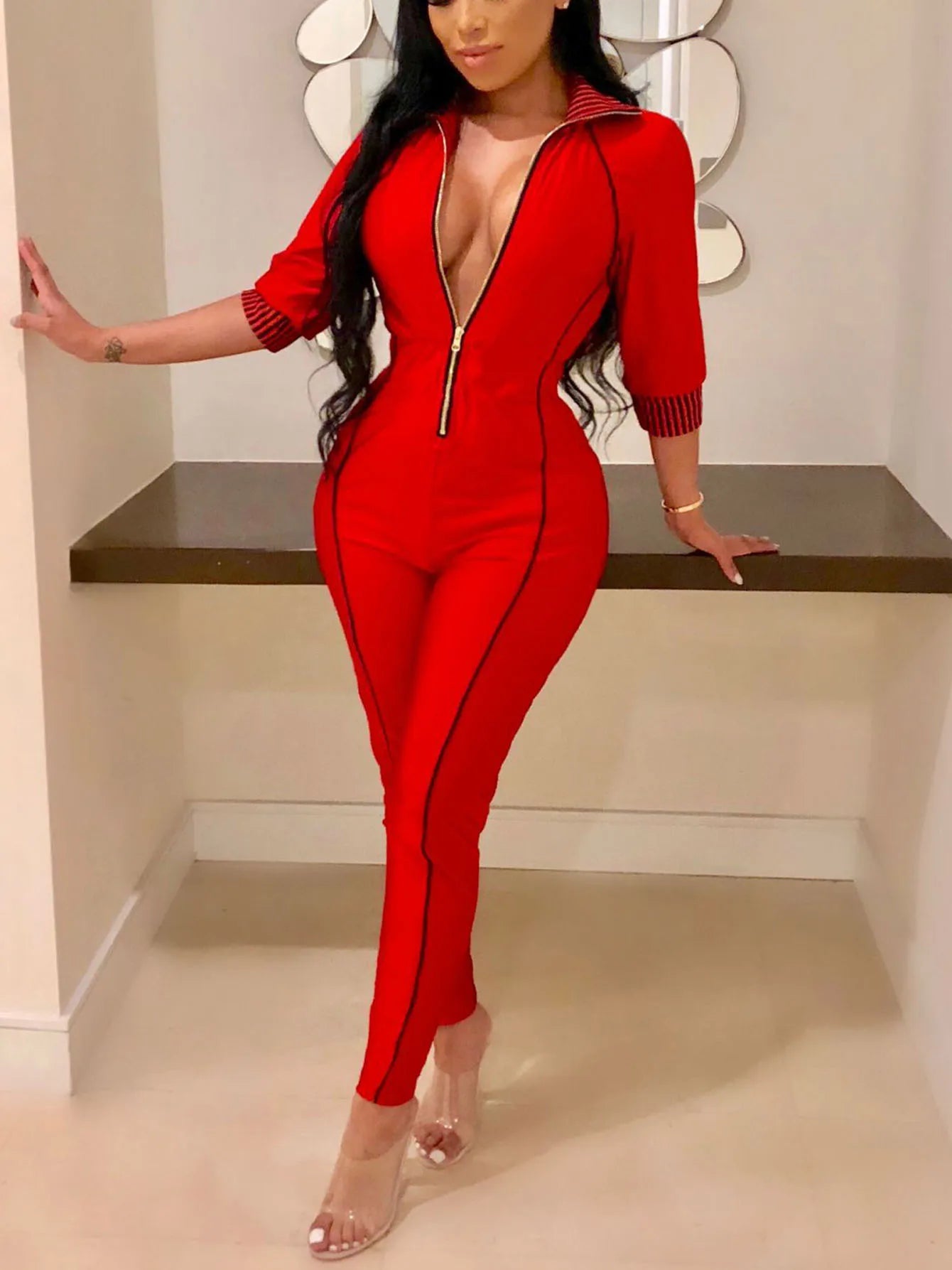 Solid Zipper 3/4 Sleeve Skinny Jumpsuit, Sports Long Length Sexy Party Jumpsuit, Women's Clothing