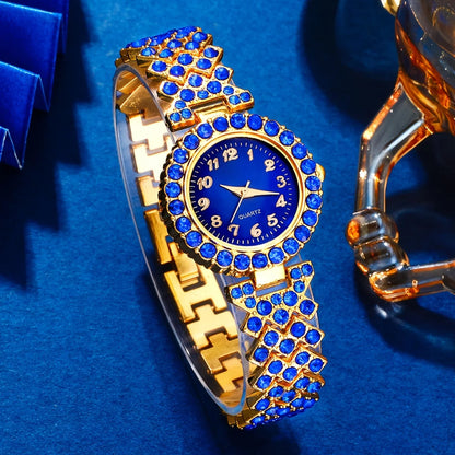 6PCS Elegant Women's Fashion Jewelry and Watch Set, Ladies Blue Rhinestone Dial Quartz Wristwatch,Female Jewelry Watches Set