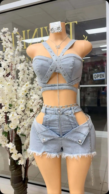 Streetwear Hollow Out Jeans Shorts Outfit Set Sexy Women Elegant Two Pieces Denim Club Matching Set Top+Shorts