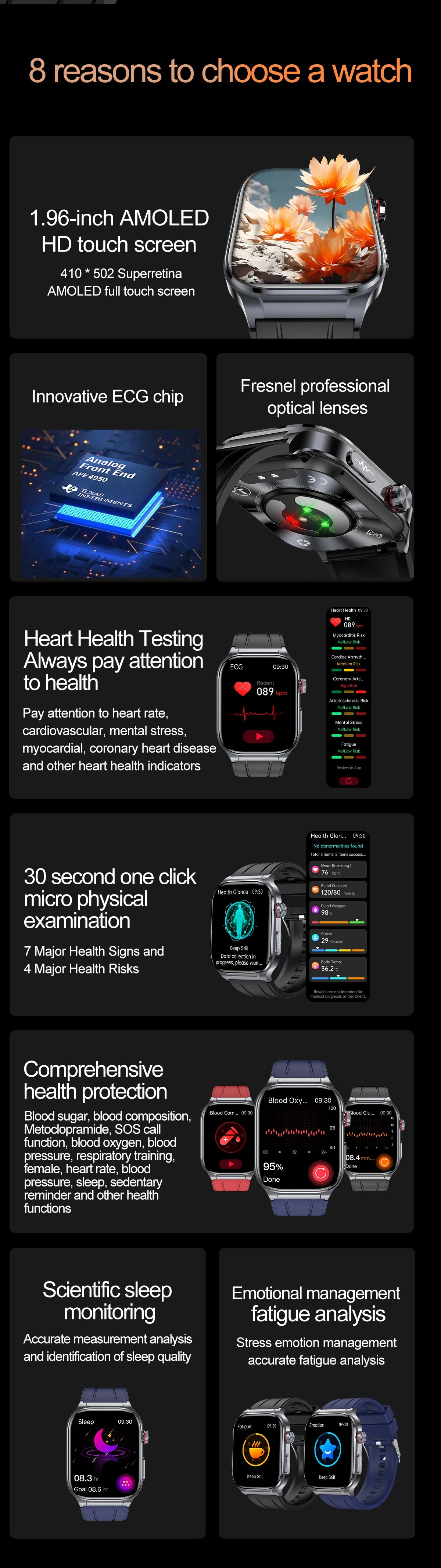 AMOLED Smart Watch ET588 Bluetooth Calling Sports Fitness Tracker Wristwatch ECG Health Monitoring SOS Men Women Smartwatch