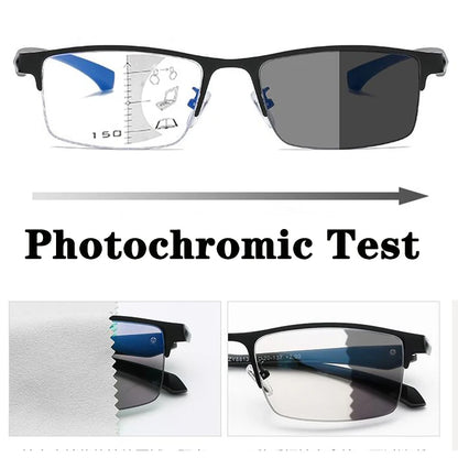 Smart Progressive Photochromic Reading Glasses Men TR90 Multi-Focus Anti Blue Ray Business Eyeglasses Fashion Half-Frame +2.5