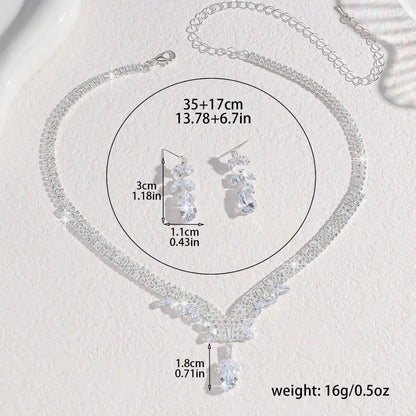 Ladies' Fashionable Silver-Plated And Diamond-Encrusted Metal Necklace, Earrings Set, Bride'S Wedding Attire And Accessories