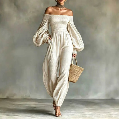 Women Solid Off Shoulder Backless Jumpsuits Lantern Long Sleeve Pleated High Waist Pockets Overalls Casual Holiday Party Rompers