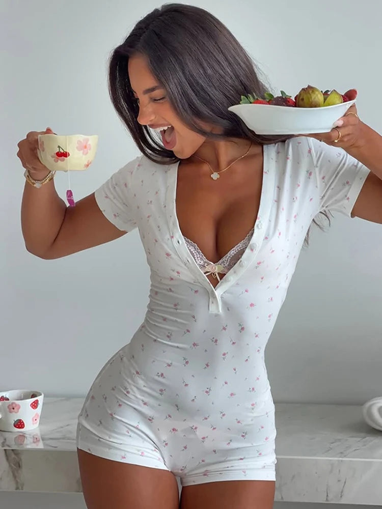 Kliou Casual Fashion Playsuits Woman Floral Print Button V-Neck Short Sleeve Skinny Stretch Summer Street Elegant Style Rompers