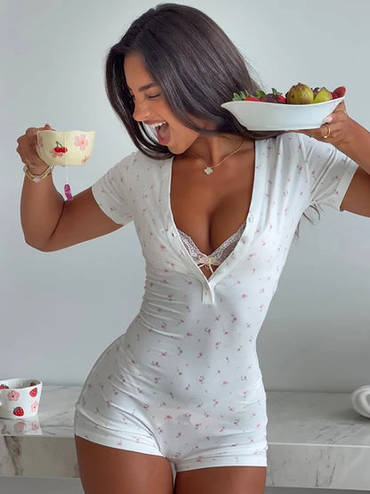 Kliou Casual Fashion Playsuits Woman Floral Print Button V-Neck Short Sleeve Skinny Stretch Summer Street Elegant Style Rompers