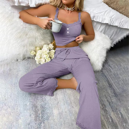 New Women's Two-Piece Pajama Set with Solid Color Lace Edging Sexy Slim Fit Suspender and Pants Soft and Comfortable Pajamas Set