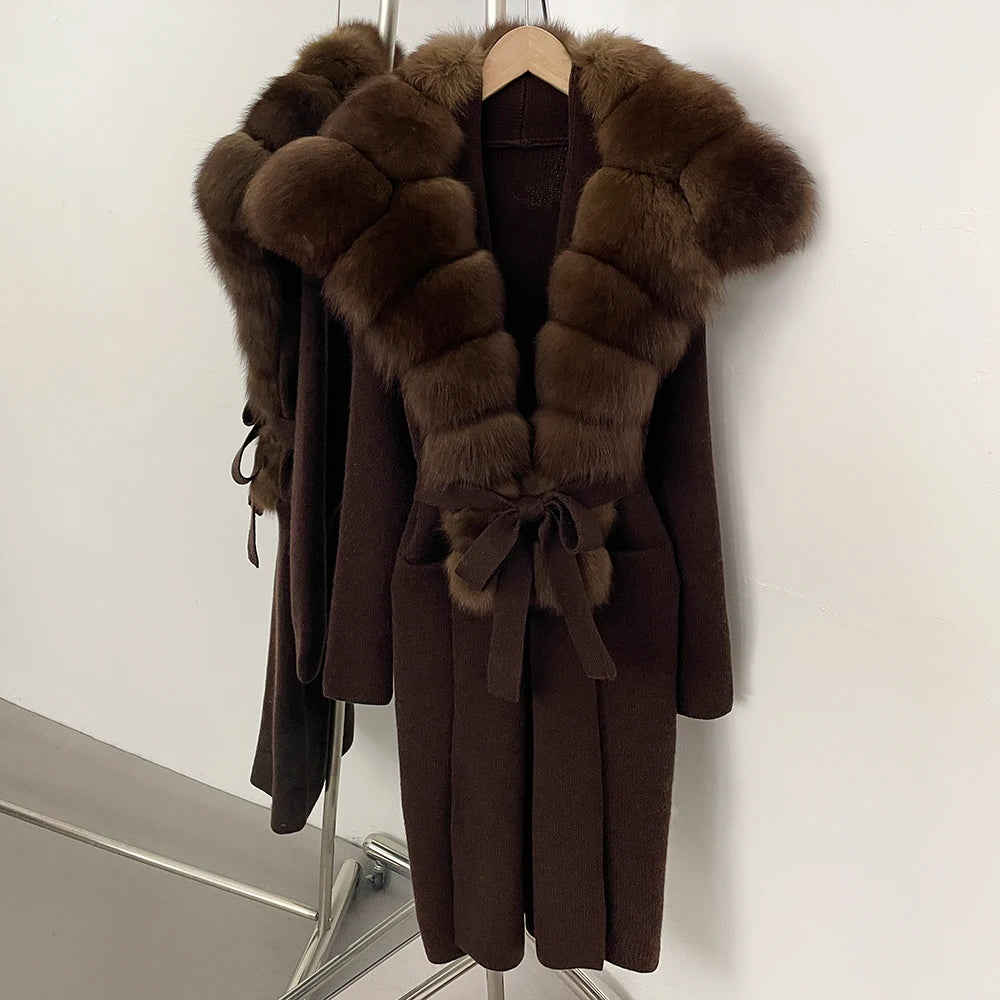 OFTBUY Fashion Warm Belt Real Fox Fur Cardigan New Natural Fur Collar Long Knit Jacket Women Atrumn Winter Top Clothing Female
