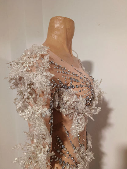 Sexy Sparkly Diamond Sequins Long Sleeves Mesh Sheer Stretch Jumpsuit Women Evening Birthday Party Bar Nightclub Stage Show Wear