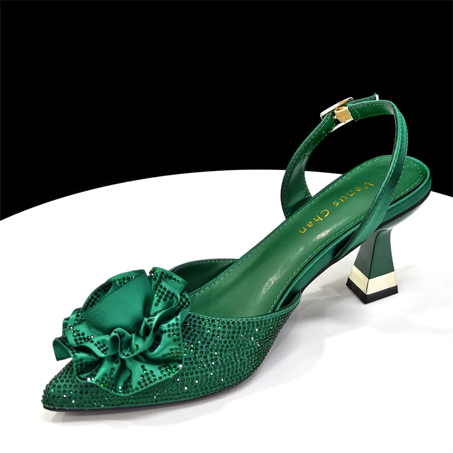 2026 Luxury Green 3D Rose Rhinestone Shoes And Bag Set Women Pointed Toe Slingback High Heels Matching Clutch For Wedding Party