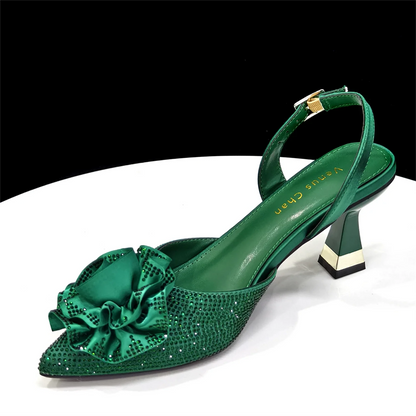 2026 Luxury Green 3D Rose Rhinestone Shoes And Bag Set Women Pointed Toe Slingback High Heels Matching Clutch For Wedding Party