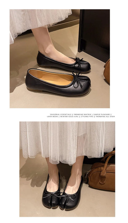Luxury Brand Spring Retro Women's Bow Split Hoof Toe Single Shoes Comfortable Rubber Bottom Ladies Tabi Ninja Ballet Flat Shoes