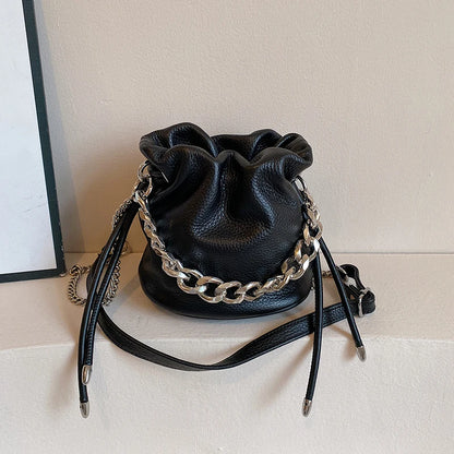 100% Genuine Leather Women Shoulder Crossbody Bags High Quality Solid Color Cow Leather Bucket Handbag Luxury Female Sac