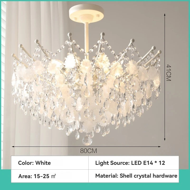 French Luxury LED Pendant Lights Blue White Natural Shell Crystal Chandelier Lamps for Romantic Living Dining Bedroom Home Decor
