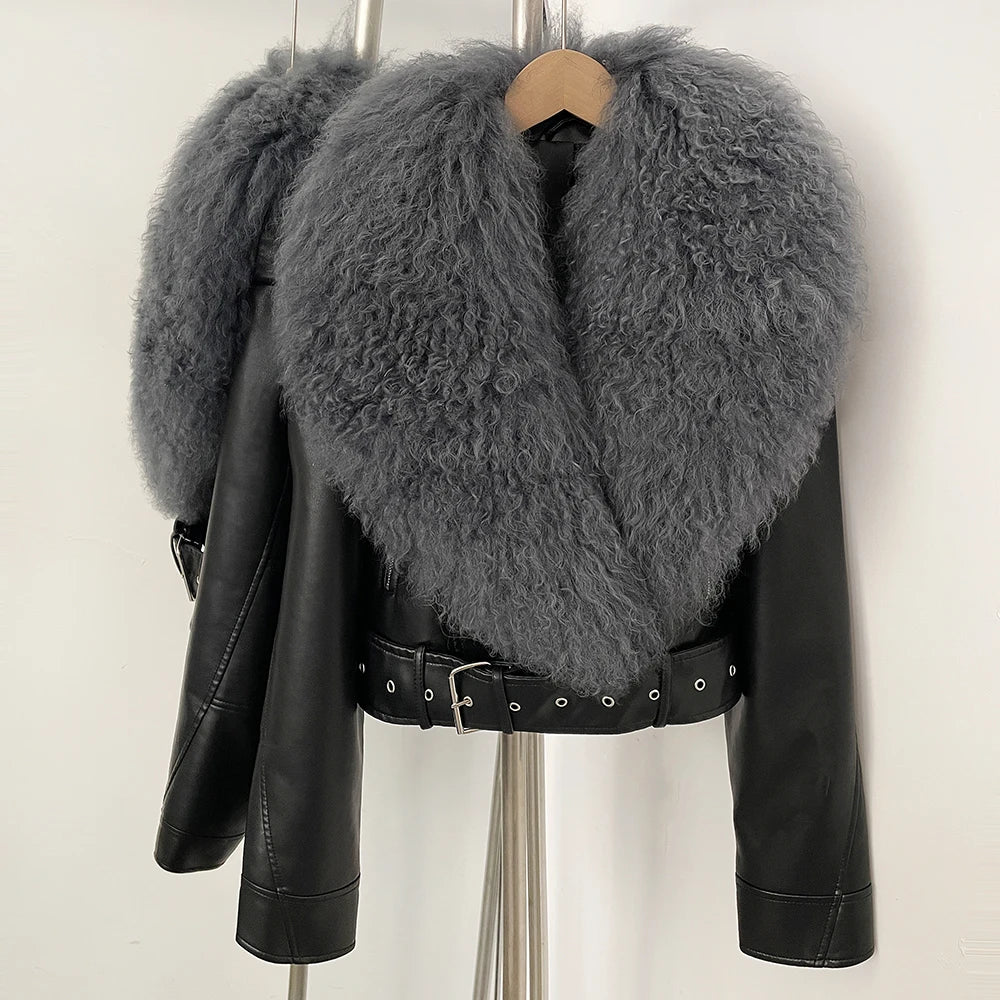 Luxury Natural Mongolian Sheep Fur Coat Women Winter Short Faux Leather Jacket Female Moto Biker Outwear New Coats and Jackets