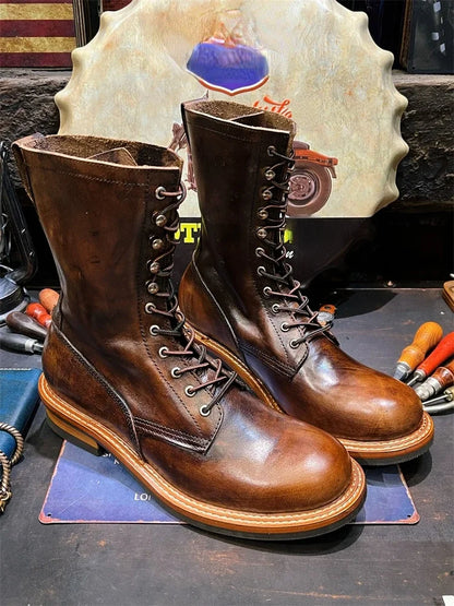 Men's Retro Brown Big Head Work Leather Riding Men's Boots High Top Long Barrel Motorcycle Leather Men's Shoes