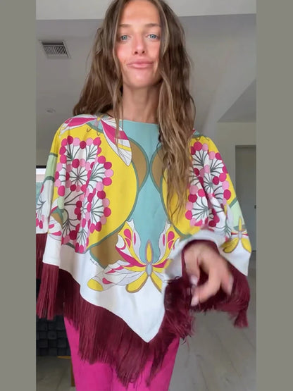 Elegant Printed Women's Shawl Fringed O-Neck Irregular Lady Cape 2026 Spring Summer Fashion Female Tassels Street Wear