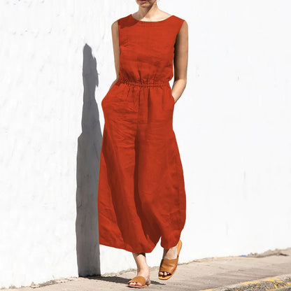 Jumpsuits Women New Summer Solid Color high-waisted Sleeveless Elastic Waist Casual Loose Temperament Rompers Clothing JYFS6542