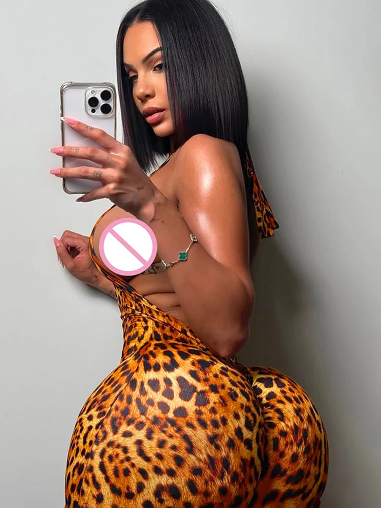 Kliou Colorful Print Playsuits Woman Bandage Halter Backless Skinny Peach Hip Female Midnight Club Party Sexy Fashion Rompers