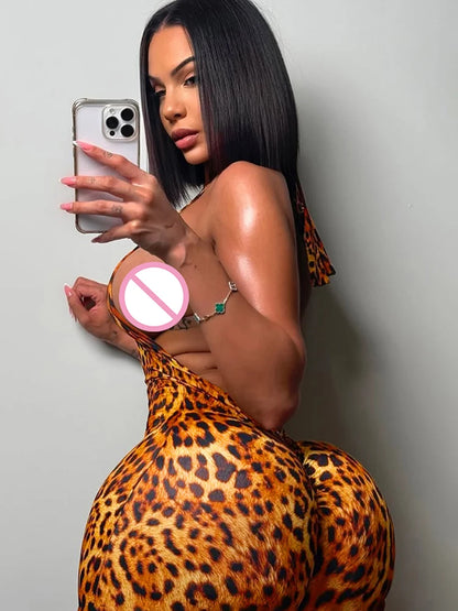 Kliou Colorful Print Playsuits Woman Bandage Halter Backless Skinny Peach Hip Female Midnight Club Party Sexy Fashion Rompers