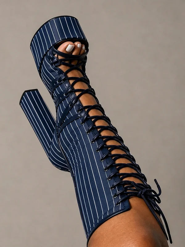 Striped Lace Up Hollow Out Platfrom Sandal Boots Sexy Round Toe Square Heel Customized New Arrivals Fashion Women Modern Shoes