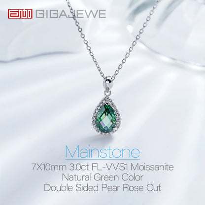 GIGAJEWE Moissanite Pear Cut Natural Green Color 3.0ct 7X10mm 18K White Gold Plated Silver Engagement Necklace Woman Girl Gift