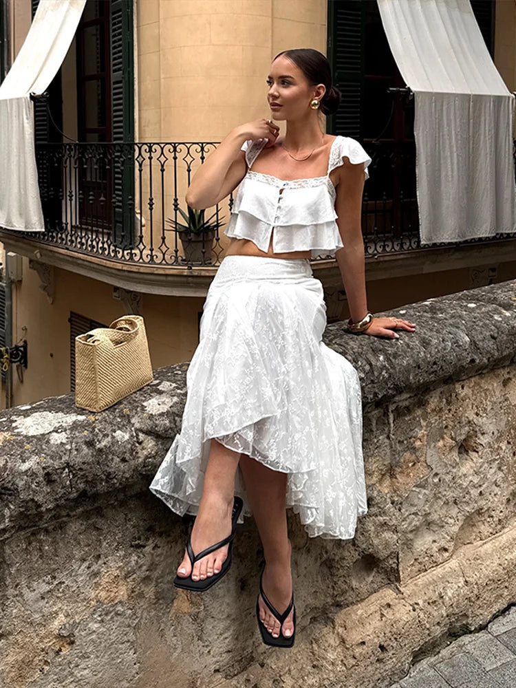 2026 Summer Fashion Square Neck Ruffled Crop Top & Pleated Midi Skirt 2-Piece Set Elegant Boho Resort Vacation Casual Outfits