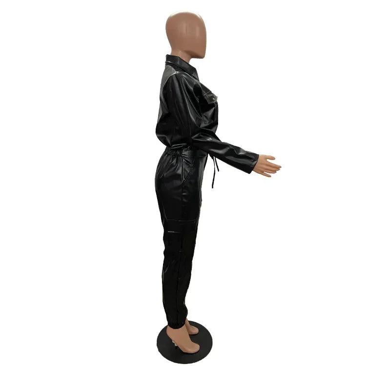 Women Jacket Sets 2 Piece Long Sleeved Slim PU Leather Gripped Pants Set Solid Zipper Fly Pencil Pants Slim Fit High Street Suit