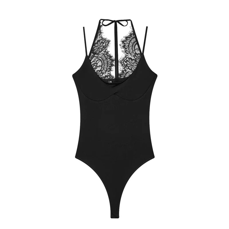 Women's Bodysuit 2026 New Fashion Summer Black Spliced Lace Bodysuit for Women Elegant Chic Personality Spaghetti Strap Bodysuit