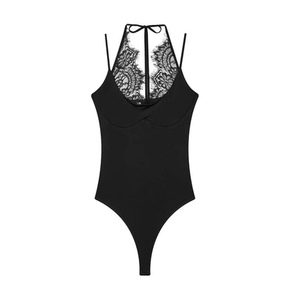 Women's Bodysuit 2026 New Fashion Summer Black Spliced Lace Bodysuit for Women Elegant Chic Personality Spaghetti Strap Bodysuit