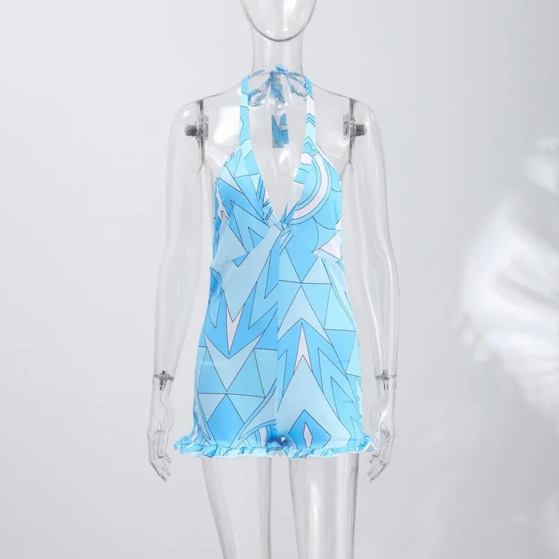 Summer Lady Geometry Printed Bodysuit Halter Sleeveless Backless Top Shorts Female One-piece Swimwear Women Vacation Beachwear