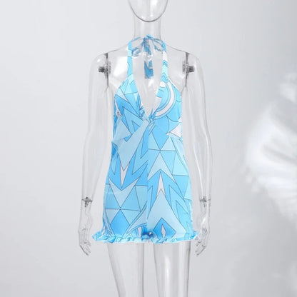 Summer Lady Geometry Printed Bodysuit Halter Sleeveless Backless Top Shorts Female One-piece Swimwear Women Vacation Beachwear