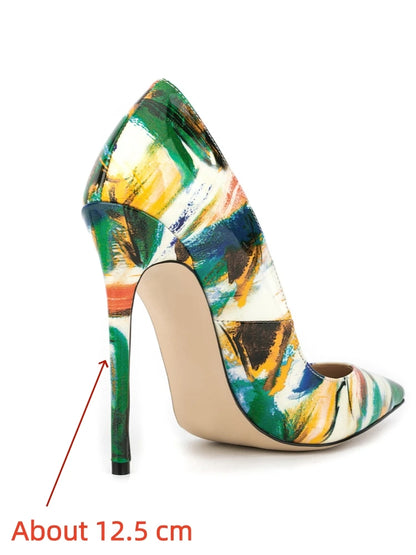Multicolor Abstract Graffiti Print Pointed Toe Stiletto Pumps, Women Thin Heel Evening Shoes for Wedding, Formal Party and Night