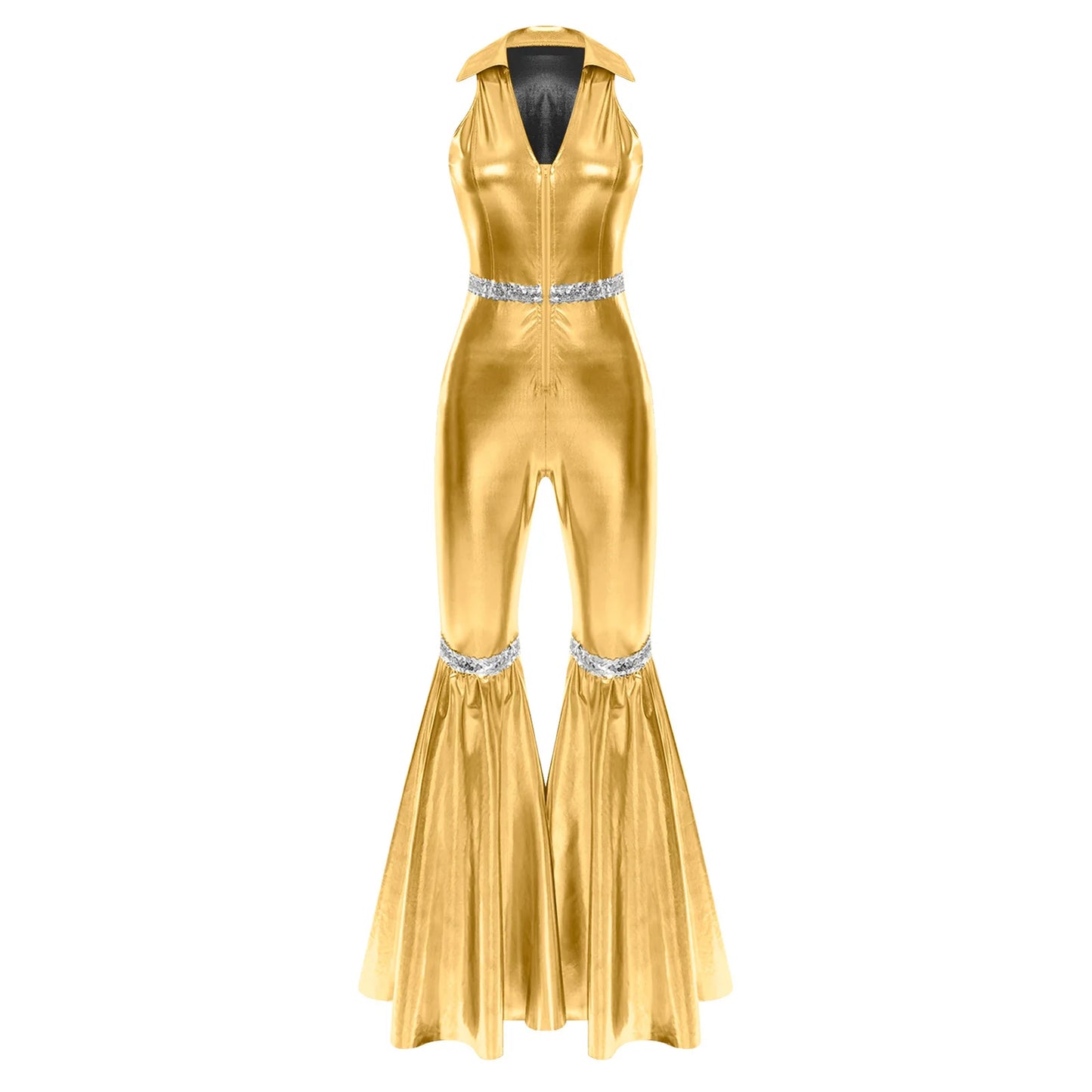 Adult Womens 70s Disco Rompers Lapel V Neck Sleeveless Front Zipper Sequins Bell Bottom Long Pants Jumpsuit Retro Jazz Dancewear