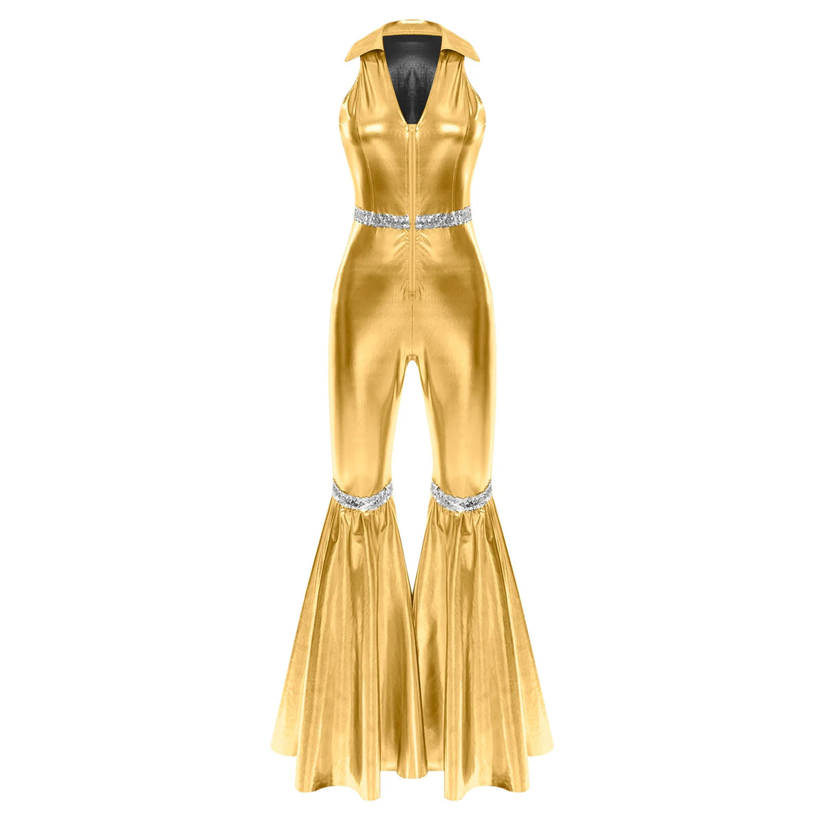 Adult Womens 70s Disco Rompers Lapel V Neck Sleeveless Front Zipper Sequins Bell Bottom Long Pants Jumpsuit Retro Jazz Dancewear
