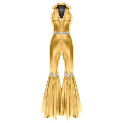 Adult Womens 70s Disco Rompers Lapel V Neck Sleeveless Front Zipper Sequins Bell Bottom Long Pants Jumpsuit Retro Jazz Dancewear