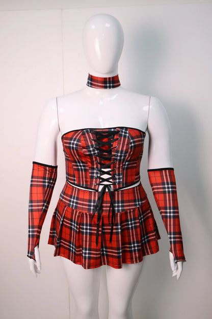 Plus Size Red Tartan Sleepwear Set Cheerleader Cosplay Costume - Plaid Corset Top & Pleated Skirt with Long Sleeves and Choker