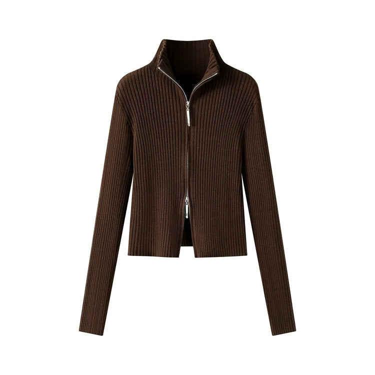 2026 Women's Autumn Winter Knit Cardigan Versatile Office Slim Flattering Cropped Zip-Up Sweater Korean Long Sleeve Outerwear