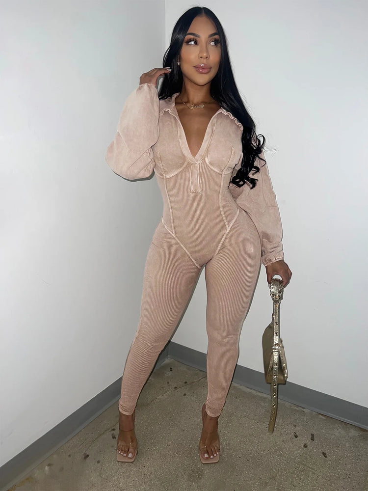 CM.YAYA Fashion Women Knit Ribbed Long Sleeve Moto Biker Jumpsuits 2024 Autumn Washed Street Playsuit One Piece Suit Romper