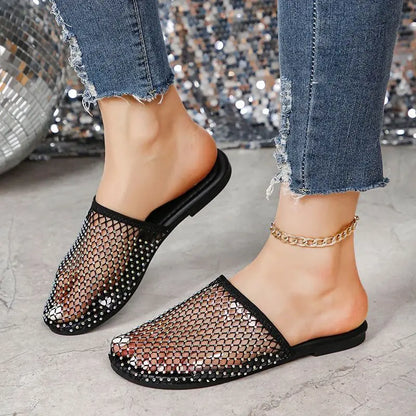 2024 Women Summer New Luxury Brand Round Head Slippers Water Diamond Large Flat Sandals Slippers